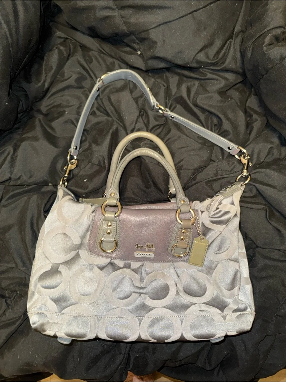 Coach Jacquard Signature Satchel in Gray and Taupe Leather